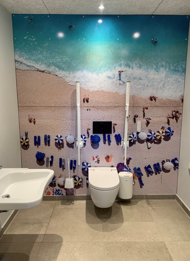 Handicaptoilet på Sct Knuds Skole i Fredericia med berøringsfri Geberit betjeningsplade