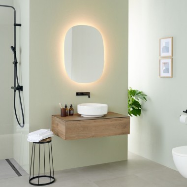 Geberit Option Ovalt spejl med VariForm-håndvask til bordplademontering og møbel