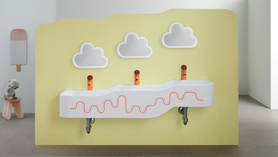 Geberit Bambini-lege- og vaskekumme i karminrød og orange