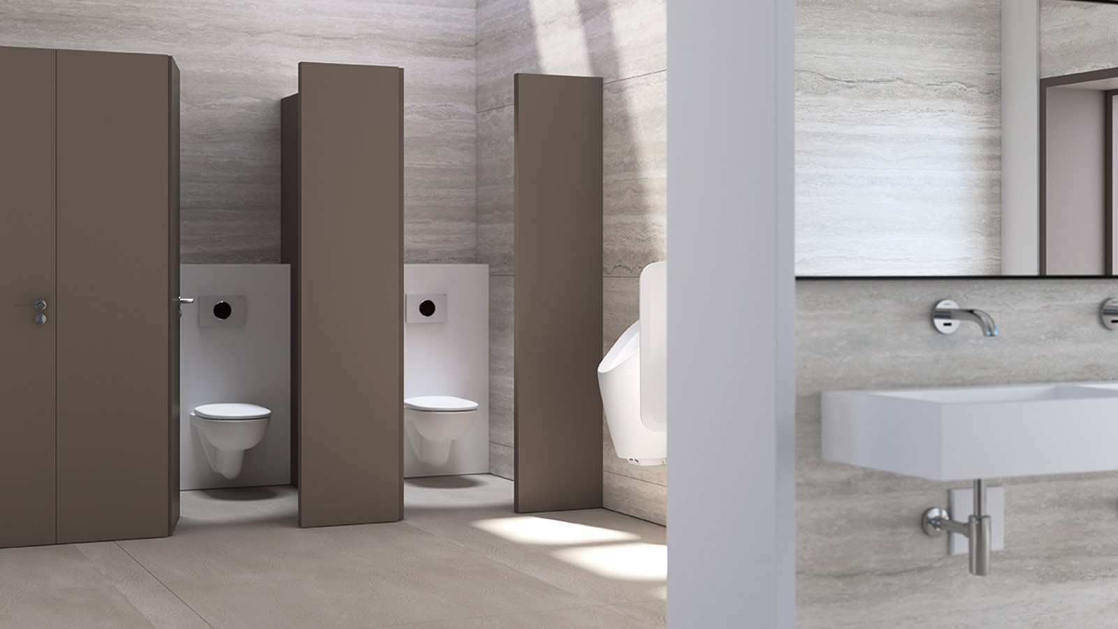 Offentlige WC'er med Geberit cisterner, skylleknapper og urinaler Offentlige WC'er med Geberit cisterner, skylleknapper og urinaler