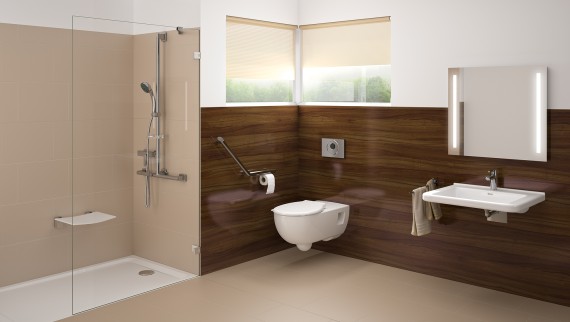 Barrierefrit badeværelse med toilet og håndvask Barrierefrit badeværelse med toilet og håndvask