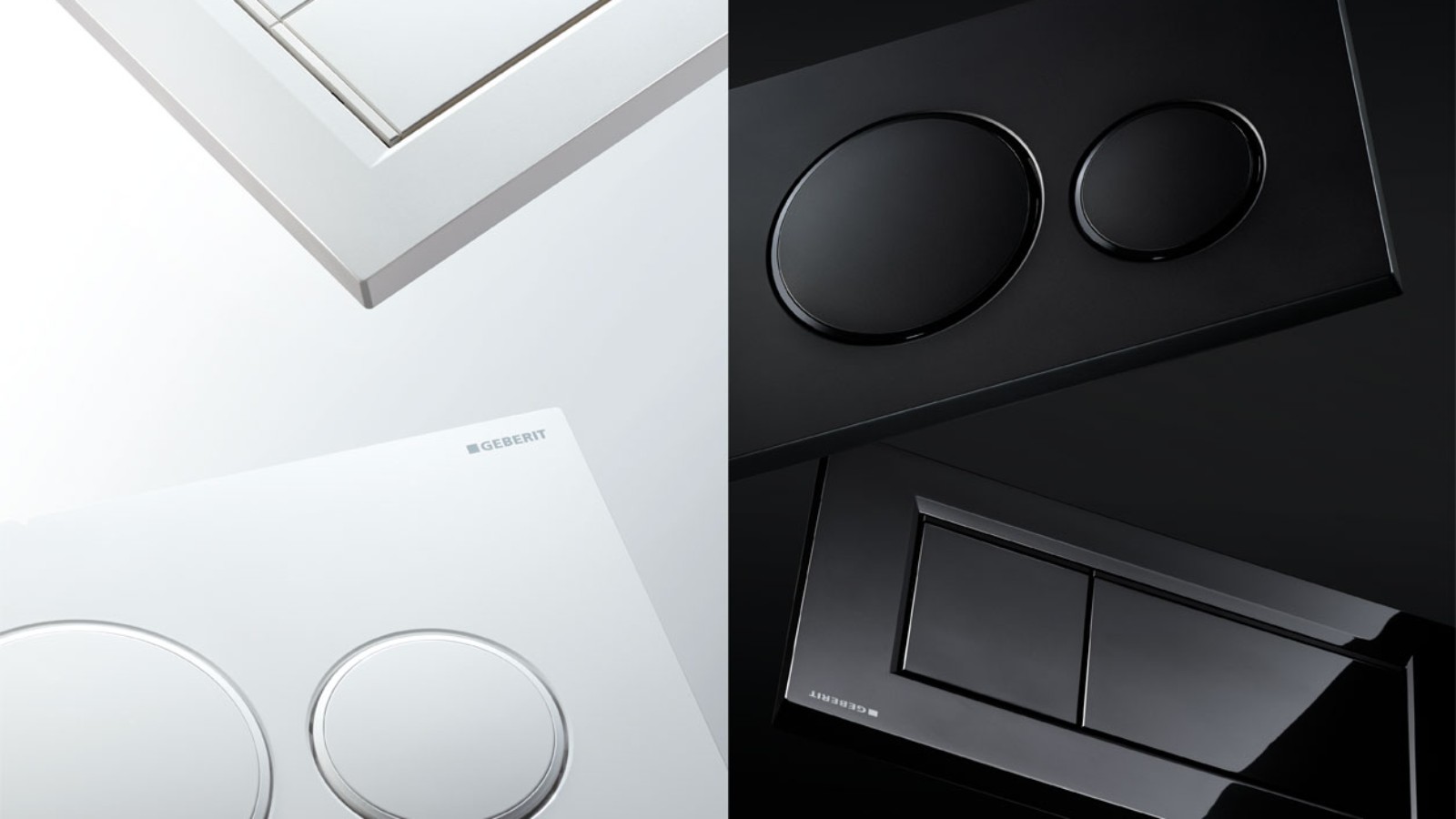 Geberit Sigma20- og Sigma30-betjeningsplader i hvid og sort Geberit Sigma20- og Sigma30-betjeningsplader i hvid og sort