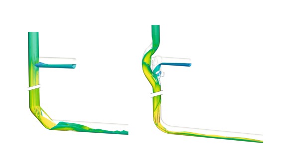 Retningsændringen med to Geberit Silent-db20 45° bøjninger i d160-dimensioner skaber turbulens i røret, hvilket fører til øget støjudvikling. Til sammenligning overfører Geberit Silent-db20 BottomTurn bøjningen – som illustreret til højre – roligt og kontrolleret  den cirkulære srømning. til lagdelt strømning.