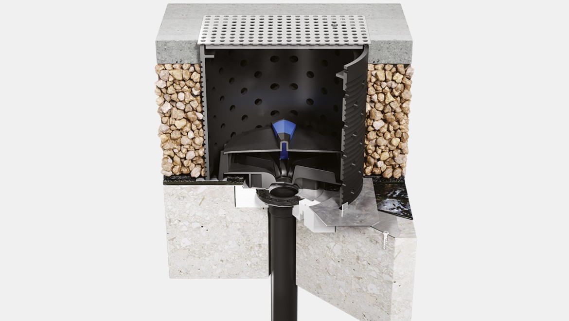Geberit Pluvia tagbrønd monteret med "køresikker" garniture Geberit Pluvia tagbrønd monteret med "køresikker" garniture