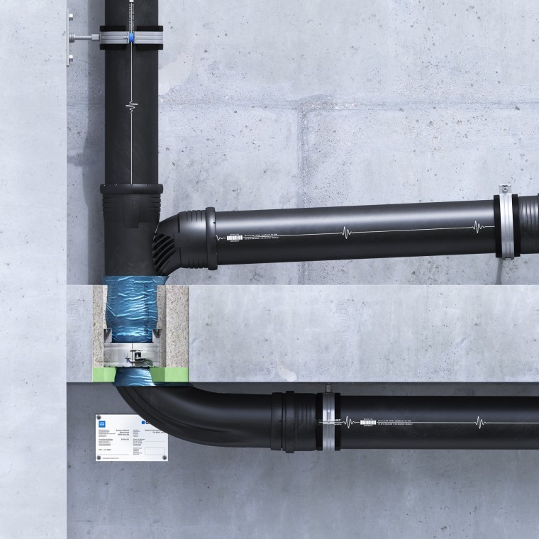 Geberit brandmanchet RS90 Plus EN indstøbt i loftet med EPS/XPS-isolering Geberit brandmanchet RS90 Plus EN indstøbt i loftet med EPS/XPS-isolering