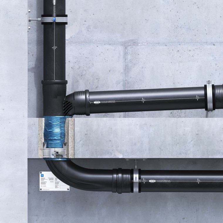 Geberit brandmanchet RS90 Plus EN indstøbt og plan med loftet. Geberit brandmanchet RS90 Plus EN indstøbt og plan med loftet.