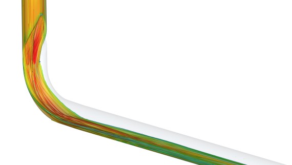 CFD-animationen viser, hvor lidt impulstab strømningen i Geberit BottomTurn bøjningen har.