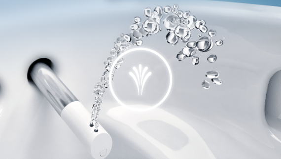 Effervescent shower spray with extended spray arm in WC ceramic