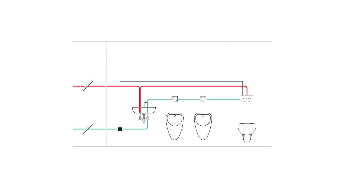 Example of piping of a temperature-controlled concealed cistern with hygiene flush unit and using a temperature sensor (© Geberit)