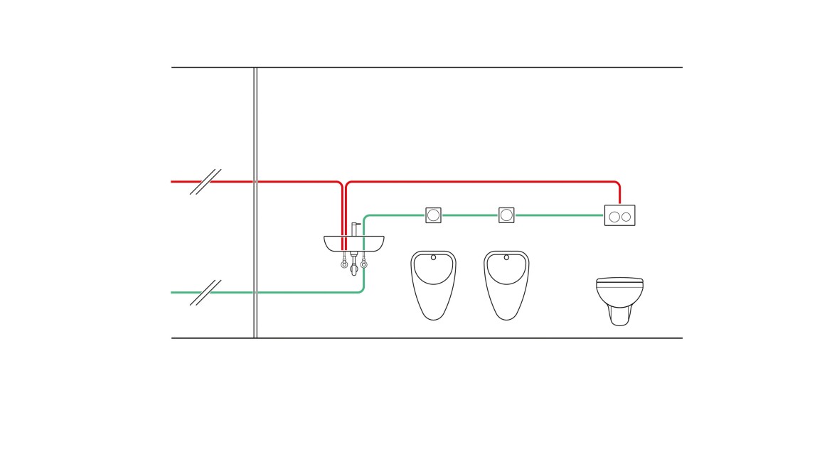 Example of piping of a time-controlled hygiene flush unit (© Geberit)