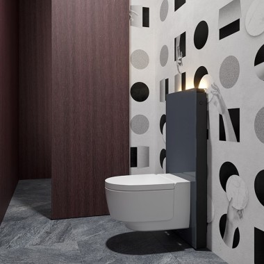 Gæstetoilet med Geberit AquaClean Mera douchetoilet og Monolith cisternemodul (©Bloomrealities/HTA für H.O.M.E. Haus 2022)