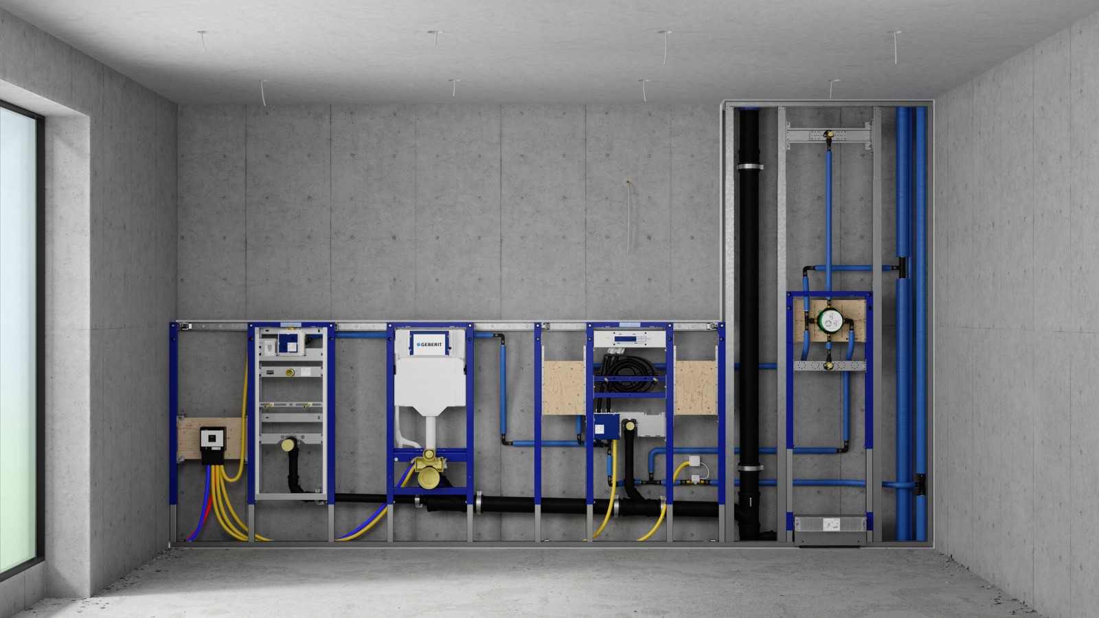 Installationsvæg med Geberit Duofix elementer til urinal, toilet og håndvask