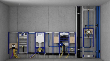 Geberit Duofix installationsvæg med fast bagvæg og cisterner i en systemvæg