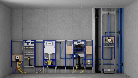Installationsvæg med Geberit Duofix elementer til urinal, toilet og håndvask Installationsvæg med Geberit Duofix elementer til urinal, toilet og håndvask