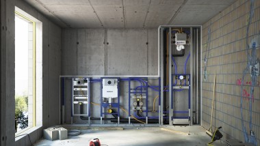 Geberit Duofix installationsvæg med fast bagvæg og cisterner i en systemvæg