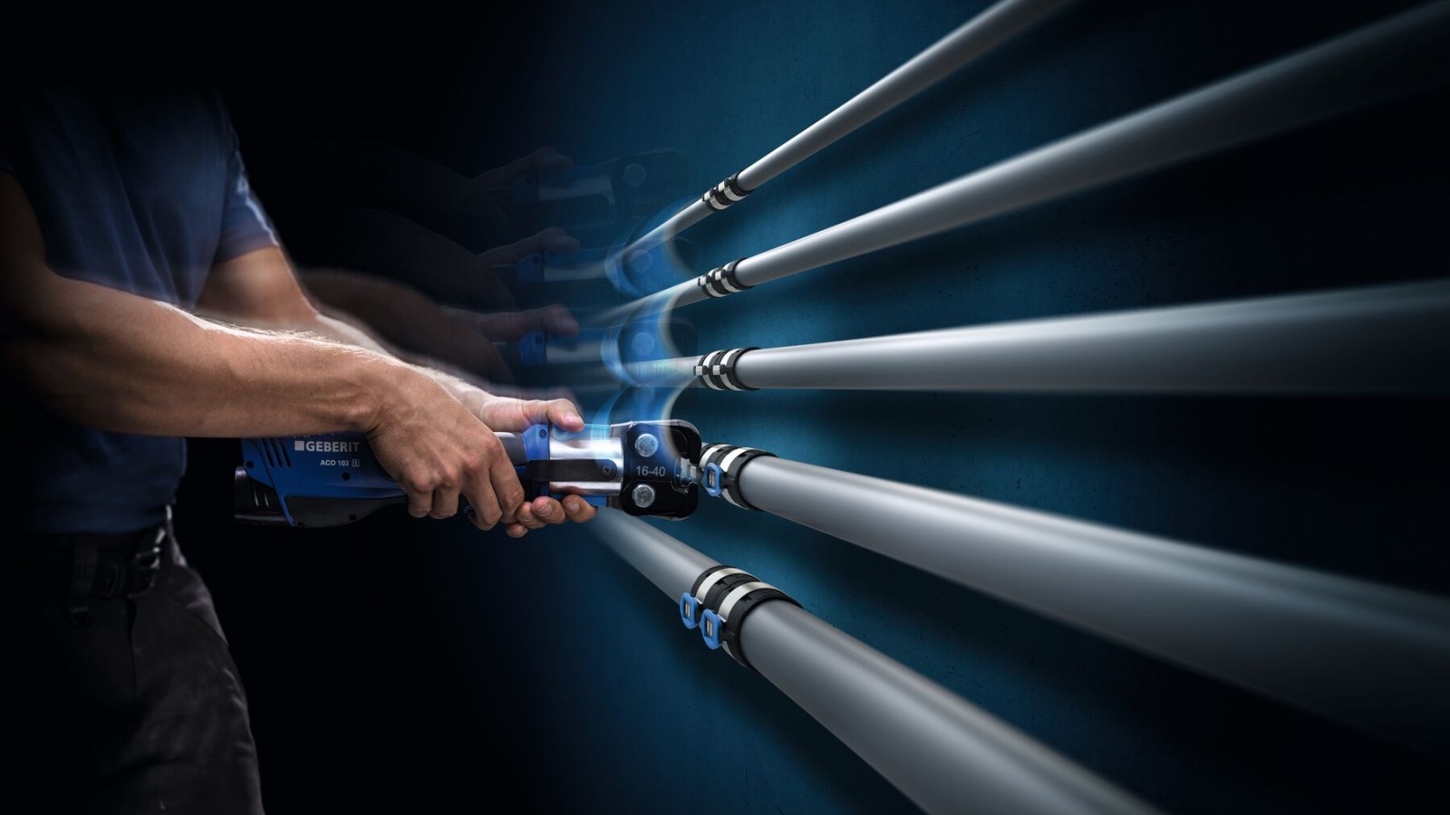 Håndbetjente presseværktøjer til Geberit FlowFit for dimensioner d16 til d40. Håndbetjente presseværktøjer til Geberit FlowFit for dimensioner d16 til d40.