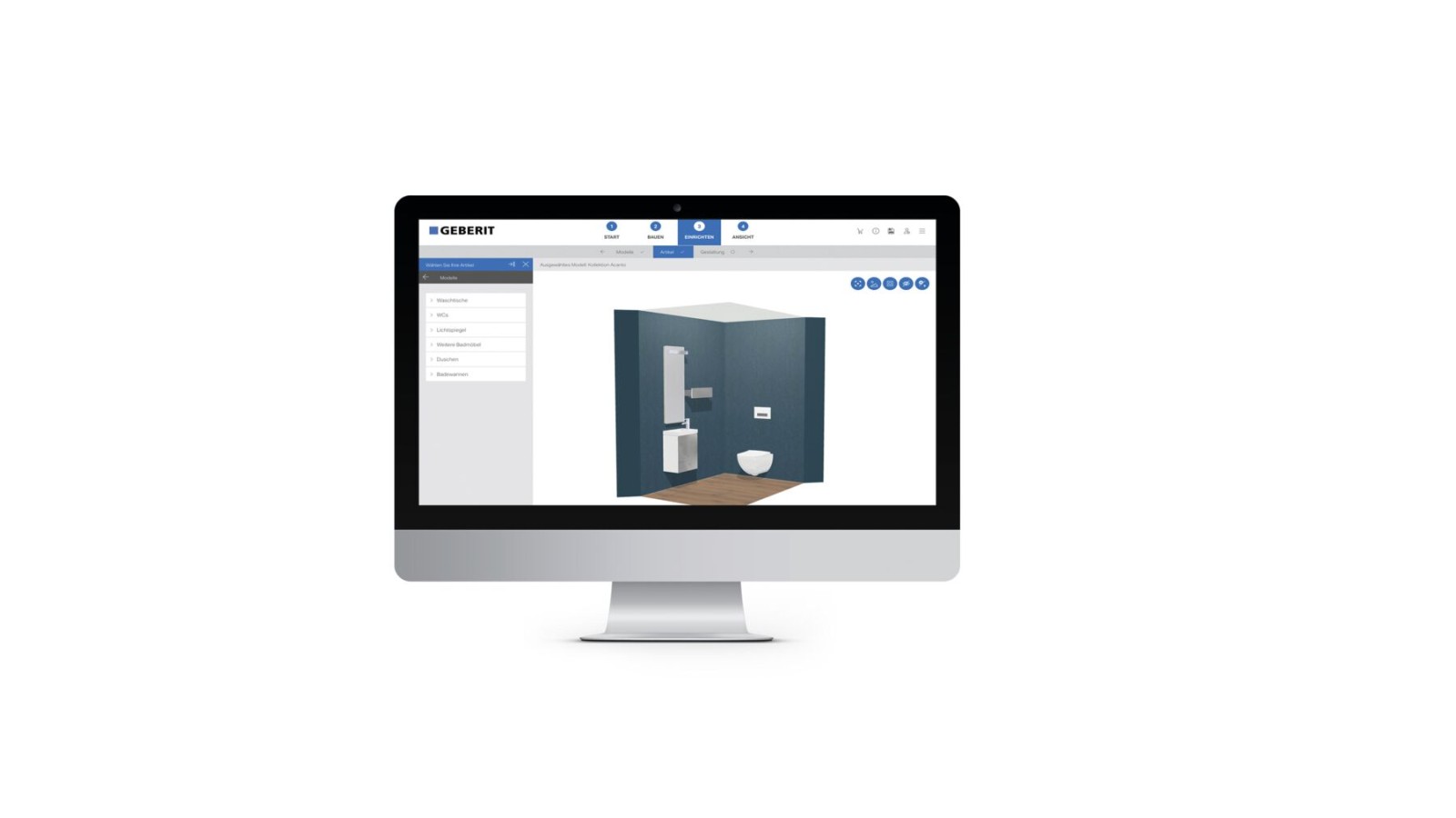 Skærmbillede af Geberits værktøj til 3D-badeværelsesprojektering