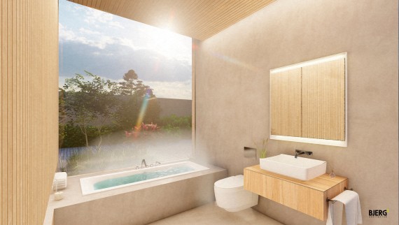 Man skal føle en følelse af ro og sindsro i det 6 kvadratmeter store badeværelse (© Bjerg Arkitektur)