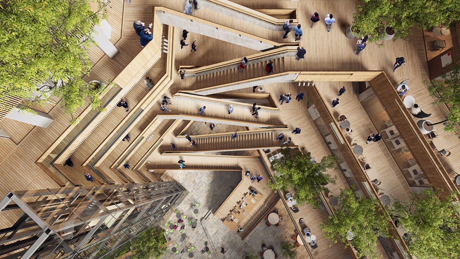 Hjertet af det nye hovedkvarter er atriummet, en indre gårdhave, hvorfra trapper og elevatorer fører op til de øvre etager. (©Foster&Partners) Hjertet af det nye hovedkvarter er atriummet, en indre gårdhave, hvorfra trapper og elevatorer fører op til de øvre etager. (©Foster&Partners)