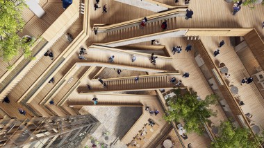 Hjertet af det nye hovedkvarter er atriummet, en indre gårdhave, hvorfra trapper og elevatorer fører op til de øvre etager. (©Foster&Partners) Hjertet af det nye hovedkvarter er atriummet, en indre gårdhave, hvorfra trapper og elevatorer fører op til de øvre etager. (©Foster&Partners)