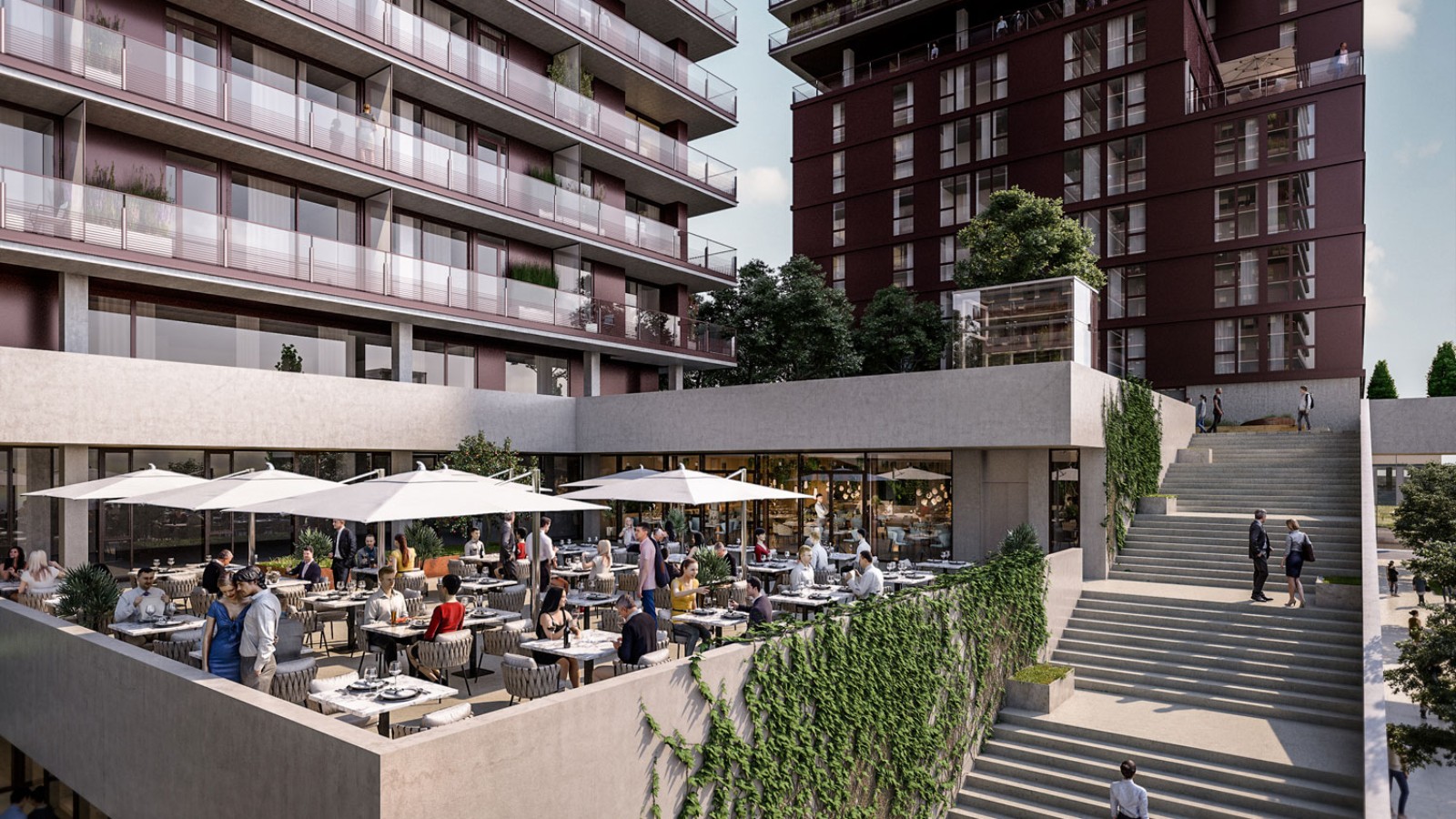 Overhængende tagterrasse og restaurant er en del af boligen (© Soravia) Overhængende tagterrasse og restaurant er en del af boligen (© Soravia)