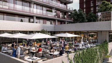 Overhængende tagterrasse og restaurant er en del af boligen (© Soravia)