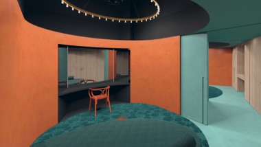 TDesignerne kombinerer lys orange med den fløjlsbløde petroleumsgrøn i artisternes omklædning. (© Laura Fantacuzzi, Maxime Galati Forcaude) TDesignerne kombinerer lys orange med den fløjlsbløde petroleumsgrøn i artisternes omklædning. (© Laura Fantacuzzi, Maxime Galati Forcaude)