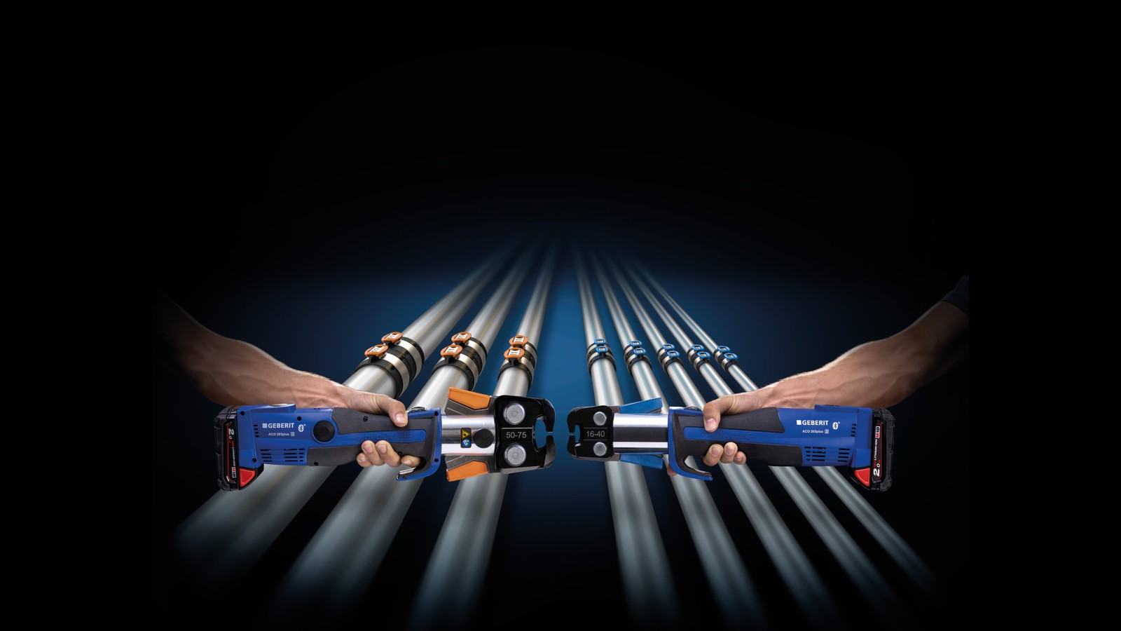 Farvekodet matchning af pressekæben til dimensionerne på Geberit FlowFit fittings. Farvekodet matchning af pressekæben til dimensionerne på Geberit FlowFit fittings.