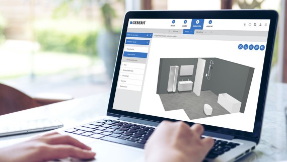 En kvinde designer sit badeværelse med 3D-badeværelsesplanlæggeren fra Geberit