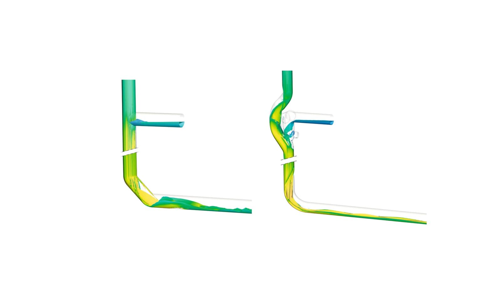Retningsændringen med to Geberit Silent-db20 45° bøjninger i d160-dimensioner skaber turbulens i røret, hvilket fører til øget støjudvikling. Til sammenligning overfører Geberit Silent-db20 BottomTurn bøjningen – som illustreret til højre – roligt og kontrolleret den cirkulære srømning. til lagdelt strømning. Retningsændringen med to Geberit Silent-db20 45° bøjninger i d160-dimensioner skaber turbulens i røret, hvilket fører til øget støjudvikling. Til sammenligning overfører Geberit Silent-db20 BottomTurn bøjningen – som illustreret til højre – roligt og kontrolleret den cirkulære srømning. til lagdelt strømning.