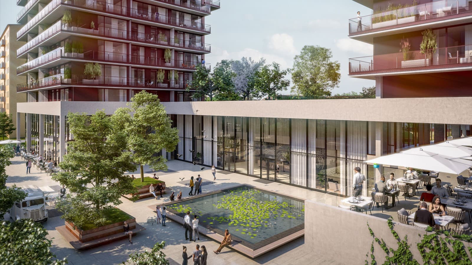 I stueetagen er de tre tårne forbundet med hinanden (© Soravia) I stueetagen er de tre tårne forbundet med hinanden (© Soravia)