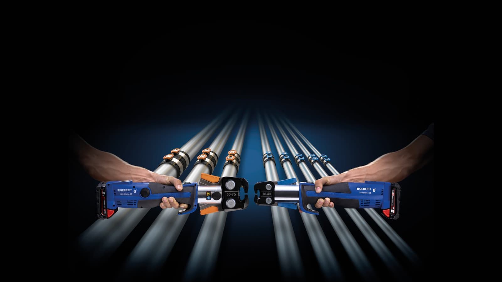 Farvekodet matchning af pressekæben til dimensionerne på Geberit FlowFit fittings. Farvekodet matchning af pressekæben til dimensionerne på Geberit FlowFit fittings.